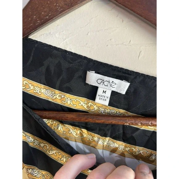 Y2K Cache 100% Silk Blouson Tunic Top M Tea Pot Print Baroque Chain Draped - Picture 10 of 12